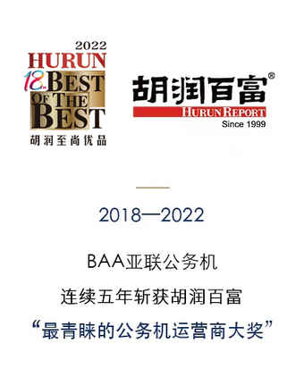 五年五冠，BAA亞聯公務機連續五年蟬聯胡潤至尚優品“最青睞的公務機運營商”